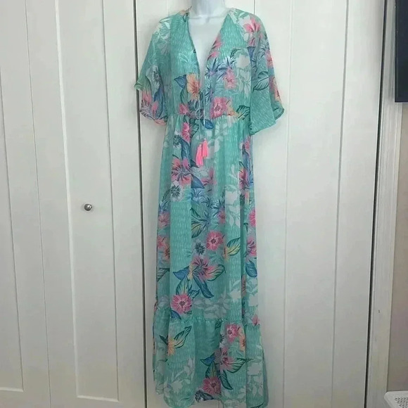 AMERICA & BEYOND Tropical Sheer Cover Up Maxi Dress Kaftan - Picture 1 of 8